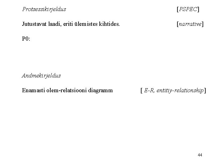 Protsessikirjeldus [PSPEC] Jutustavat laadi, eriti ülemistes kihtides. [narrative] P 0: Andmekirjeldus Enamasti olem-relatsiooni diagramm