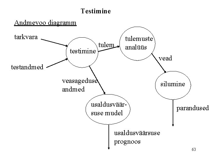 Testimine Andmevoo diagramm tarkvara testimine tulemuste analüüs vead testandmed veasageduse andmed silumine usaldusväärsuse mudel