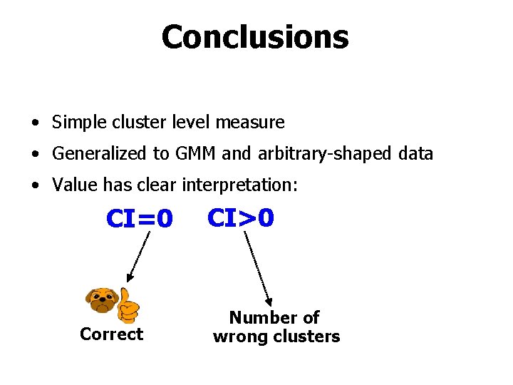 Conclusions • Simple cluster level measure • Generalized to GMM and arbitrary-shaped data •