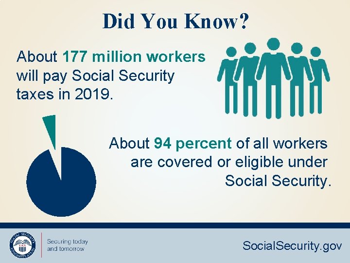 Did You Know? About 177 million workers will pay Social Security taxes in 2019.