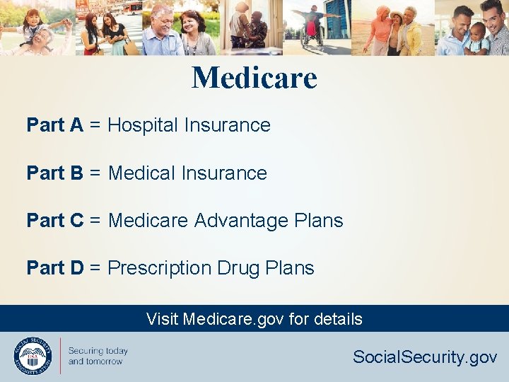 Medicare Part A = Hospital Insurance Part B = Medical Insurance Part C =