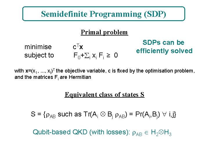 Semidefinite Programming (SDP) Primal problem minimise subject to c Tx F 0+ i xi