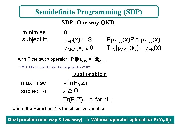 Semidefinite Programming (SDP) SDP: One-way QKD minimise subject to 0 AB(x) S ABA’(x) 0