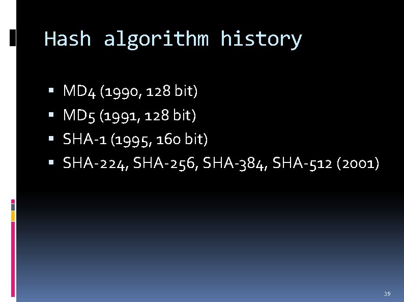 Hash algorithm history MD 4 (1990, 128 bit) MD 5 (1991, 128 bit) SHA-1