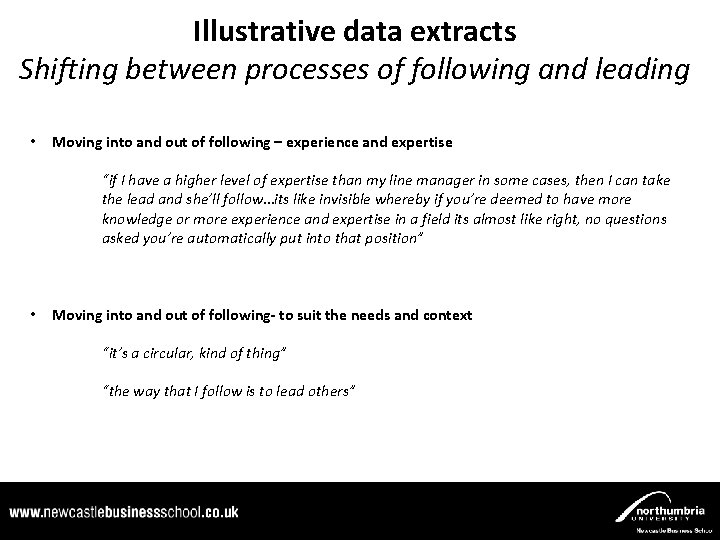 Illustrative data extracts Shifting between processes of following and leading • Moving into and