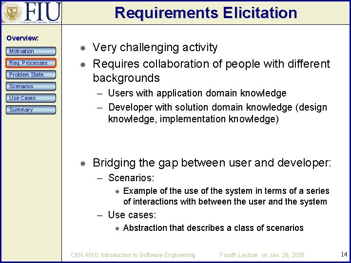 Requirements Elicitation Overview: Motivation Req. Processes Problem State. Scenarios Very challenging activity Requires collaboration