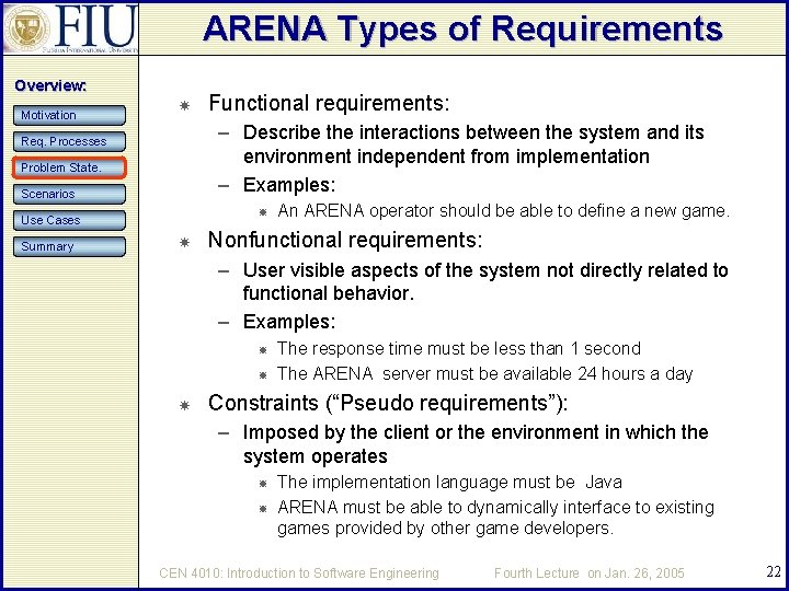 ARENA Types of Requirements Overview: Motivation – Describe the interactions between the system and