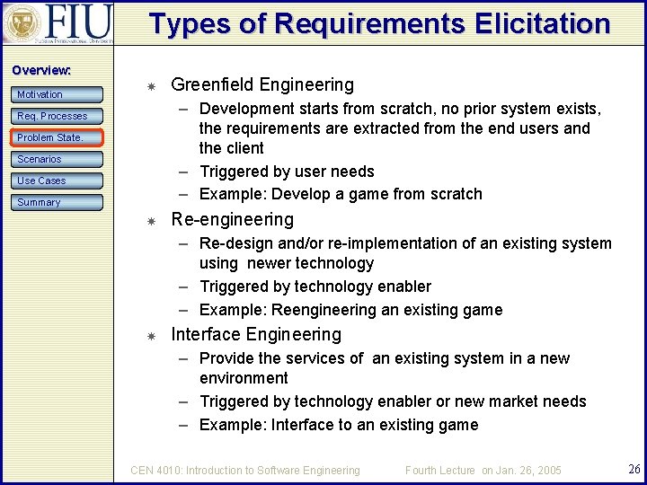 Types of Requirements Elicitation Overview: Motivation Greenfield Engineering – Development starts from scratch, no