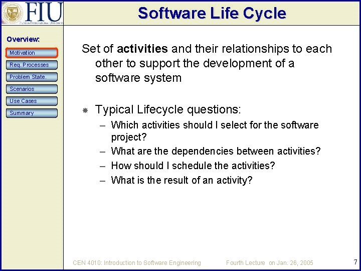 Software Life Cycle Overview: Motivation Req. Processes Problem State. Set of activities and their