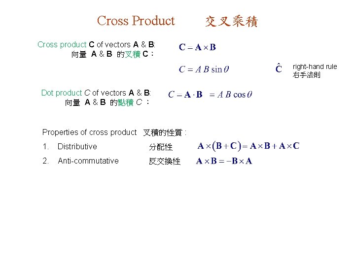 Cross Product 交叉乘積 Cross product C of vectors A & B: 向量 A &