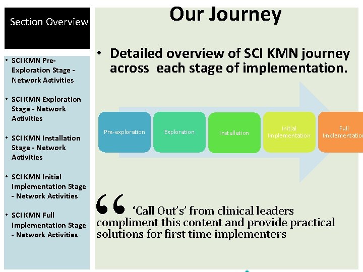 Our Journey Section Overview • SCI KMN Pre. Exploration Stage Network Activities • Detailed