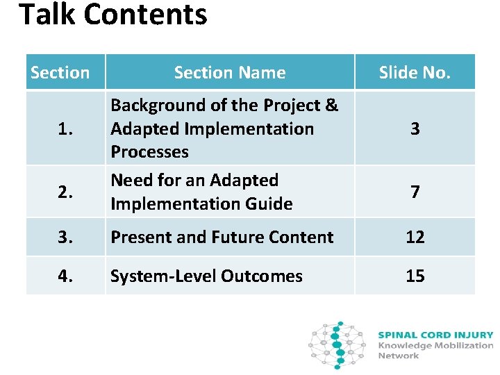 Talk Contents Section 1. 2. Section Name Background of the Project & Adapted Implementation