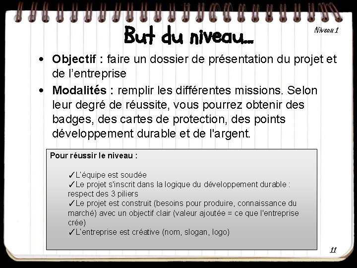 But du niveau… Niveau 1 • Objectif : faire un dossier de présentation du