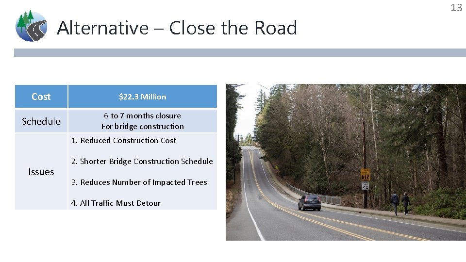 Alternative – Close the Road Cost $22. 3 Million Schedule 6 to 7 months