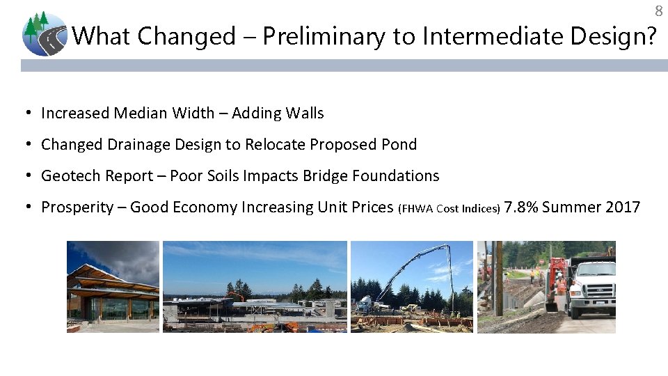 8 What Changed – Preliminary to Intermediate Design? • Increased Median Width – Adding