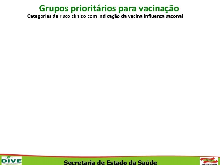 Grupos prioritários para vacinação Categorias de risco clínico com indicação da vacina influenza sazonal