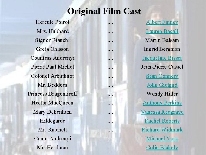 Original Film Cast Hercule Poirot . . Albert Finney Mrs. Hubbard . . Lauren