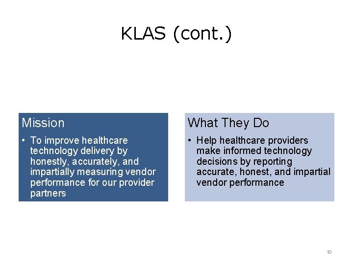 KLAS (cont. ) Mission What They Do • To improve healthcare technology delivery by