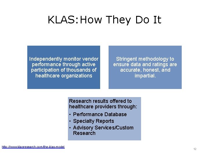 KLAS: How They Do It Independently monitor vendor performance through active participation of thousands