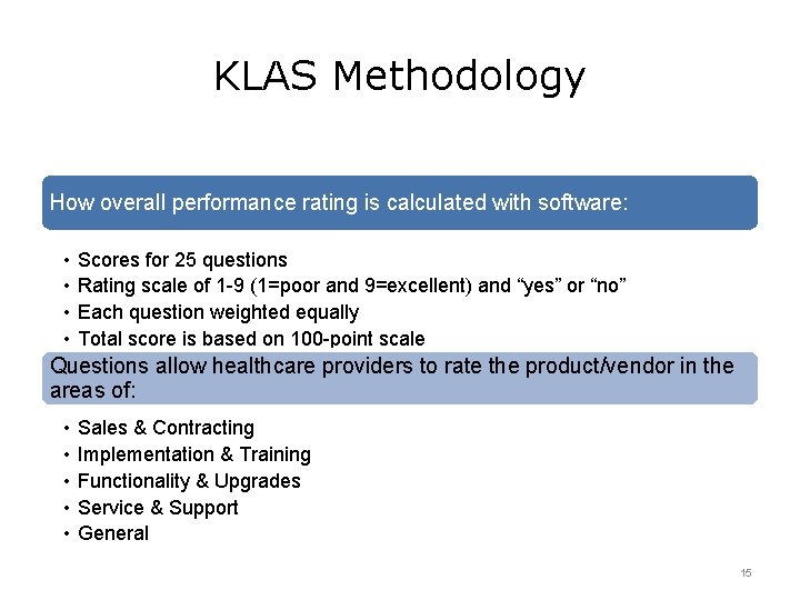 KLAS Methodology How overall performance rating is calculated with software: • • Scores for