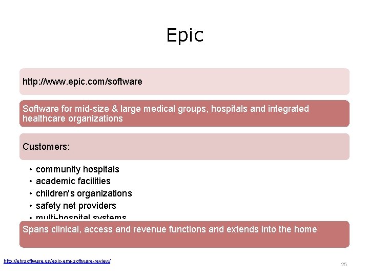 Epic http: //www. epic. com/software Software for mid-size & large medical groups, hospitals and