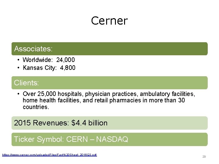 Cerner Associates: • Worldwide: 24, 000 • Kansas City: 4, 800 Clients: • Over