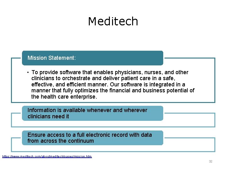 Meditech Mission Statement: • To provide software that enables physicians, nurses, and other clinicians