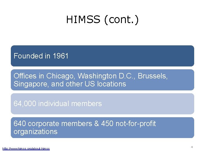 HIMSS (cont. ) Founded in 1961 Offices in Chicago, Washington D. C. , Brussels,