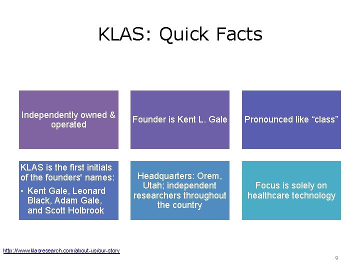 KLAS: Quick Facts • Independently owned & operated • Founder is Kent L. Gale