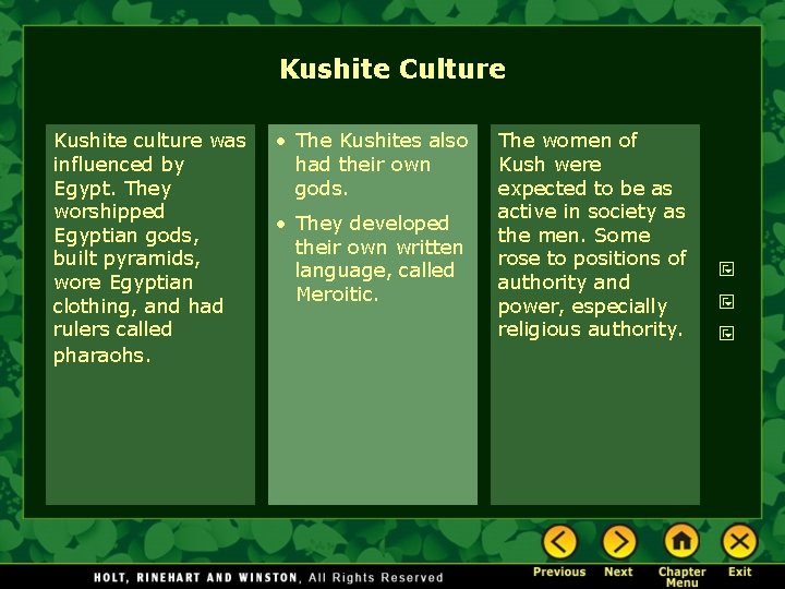 Kushite Culture Kushite culture was influenced by Egypt. They worshipped Egyptian gods, built pyramids,