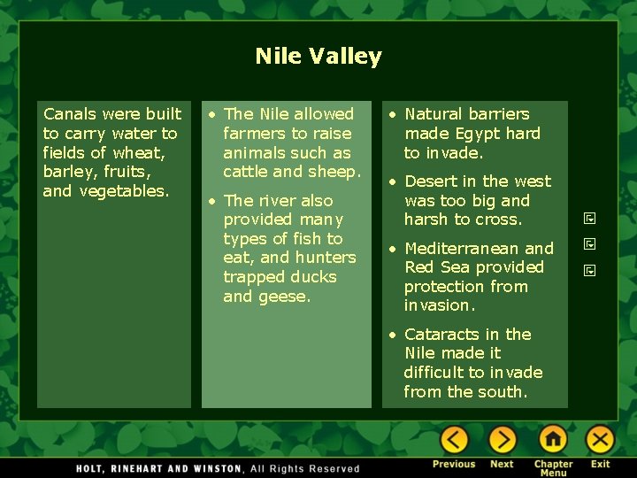 Nile Valley Canals were built to carry water to fields of wheat, barley, fruits,
