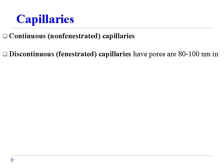 Capillaries q Continuous (nonfenestrated) capillaries q Discontinuous (fenestrated) capillaries have pores are 80 -100