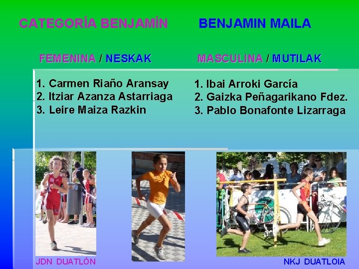 CATEGORÍA BENJAMÍN BENJAMIN MAILA FEMENINA / NESKAK MASCULINA / MUTILAK 1. Carmen Riaño Aransay