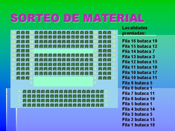 SORTEO DE MATERIAL Localidades premiadas: Fila 16 butaca 19 Fila 15 butaca 12 Fila