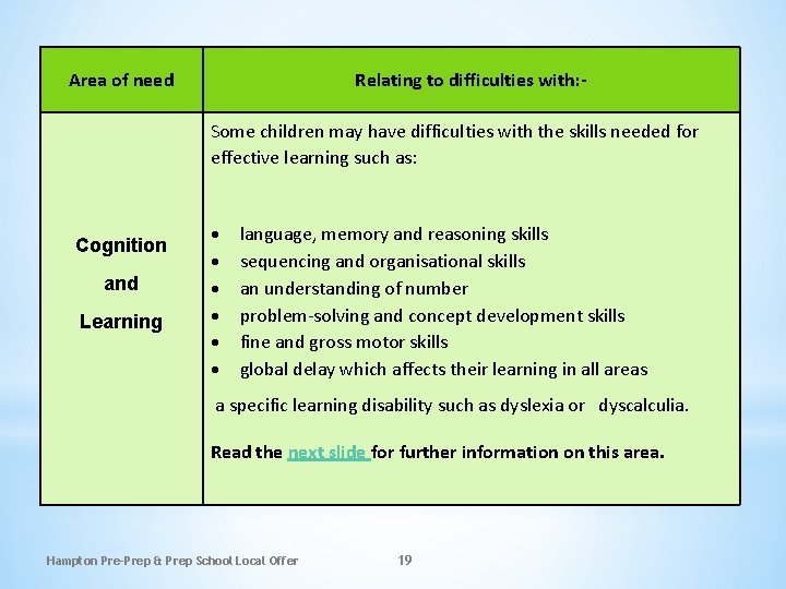 Area of need Relating to difficulties with: Some children may have difficulties with the Area of need Relating to difficulties with: Some children may have difficulties with the