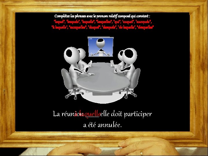 Complétez les phrases avec le pronom relatif composé qui convient : "lequel", "lesquels", "laquelle",