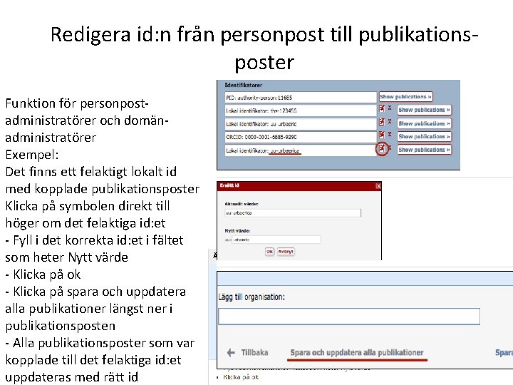 Redigera id: n från personpost till publikationsposter Funktion för personpostadministratörer och domänadministratörer Exempel: Det