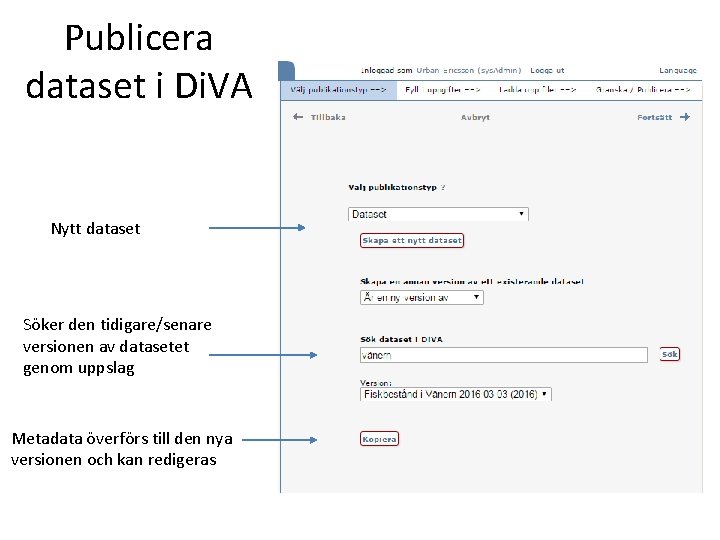 Publicera dataset i Di. VA Nytt dataset Söker den tidigare/senare versionen av datasetet genom