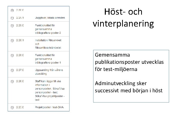 Höst- och vinterplanering Gemensamma publikationsposter utvecklas för test-miljöerna Adminutveckling sker successivt med början i