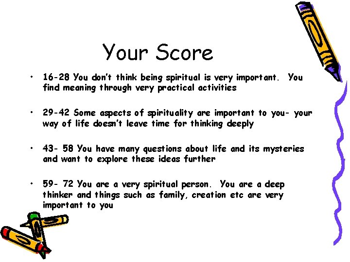 Your Score • 16 -28 You don’t think being spiritual is very important. You