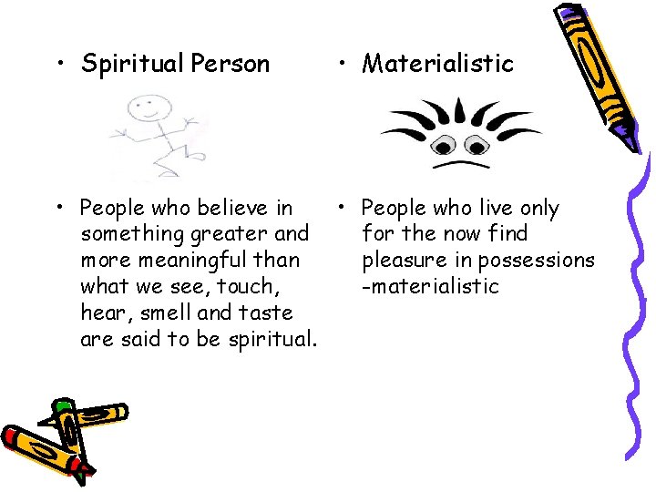  • Spiritual Person • Materialistic • People who believe in • People who