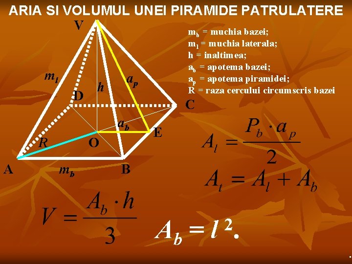 ARIA SI VOLUMUL UNEI PIRAMIDE PATRULATERE V m = muchia bazei; b ml D