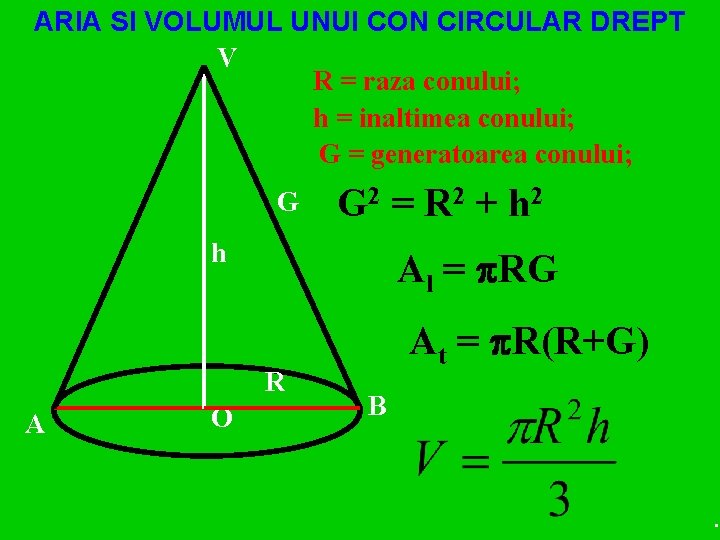 ARIA SI VOLUMUL UNUI CON CIRCULAR DREPT V R = raza conului; h =