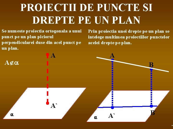 PROIECTII DE PUNCTE SI DREPTE PE UN PLAN Se numeste proiectia ortogonala a unui