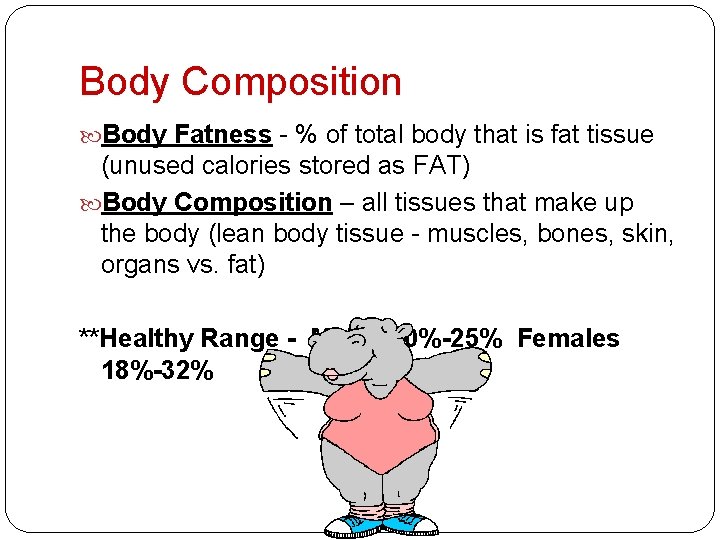 Body Composition Body Fatness - % of total body that is fat tissue (unused