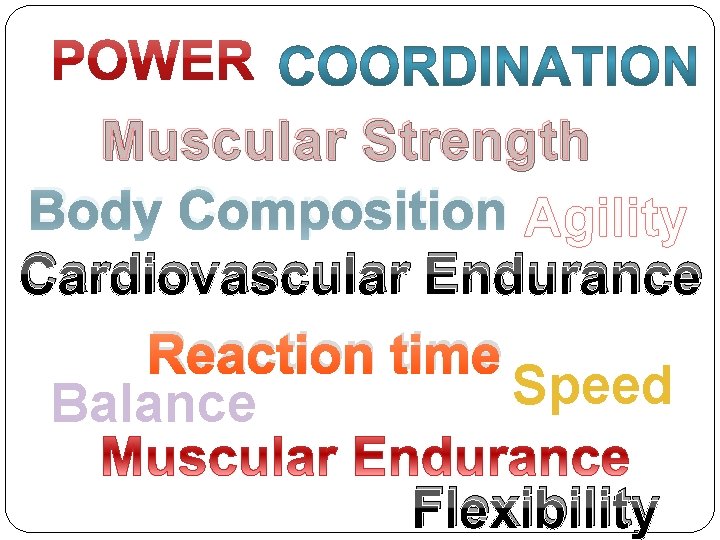 Muscular Strength Body Composition Agility Cardiovascular Endurance Reaction time Speed Balance Flexibility 