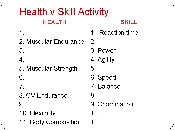 Health v Skill Activity HEALTH 1. 2. Muscular Endurance 3. 4. 5. Muscular Strength