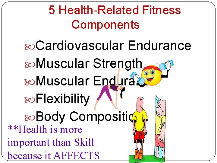 5 Health-Related Fitness Components Cardiovascular Endurance Muscular Strength Muscular Endurance Flexibility Body Composition **Health