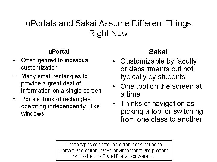 u. Portals and Sakai Assume Different Things Right Now u. Portal • Often geared