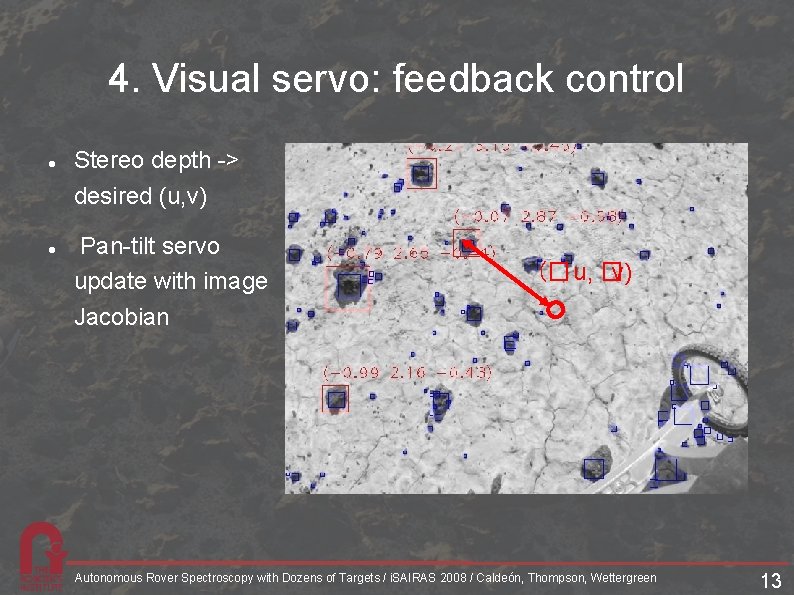 4. Visual servo: feedback control Stereo depth -> desired (u, v) Pan-tilt servo update 4. Visual servo: feedback control Stereo depth -> desired (u, v) Pan-tilt servo update